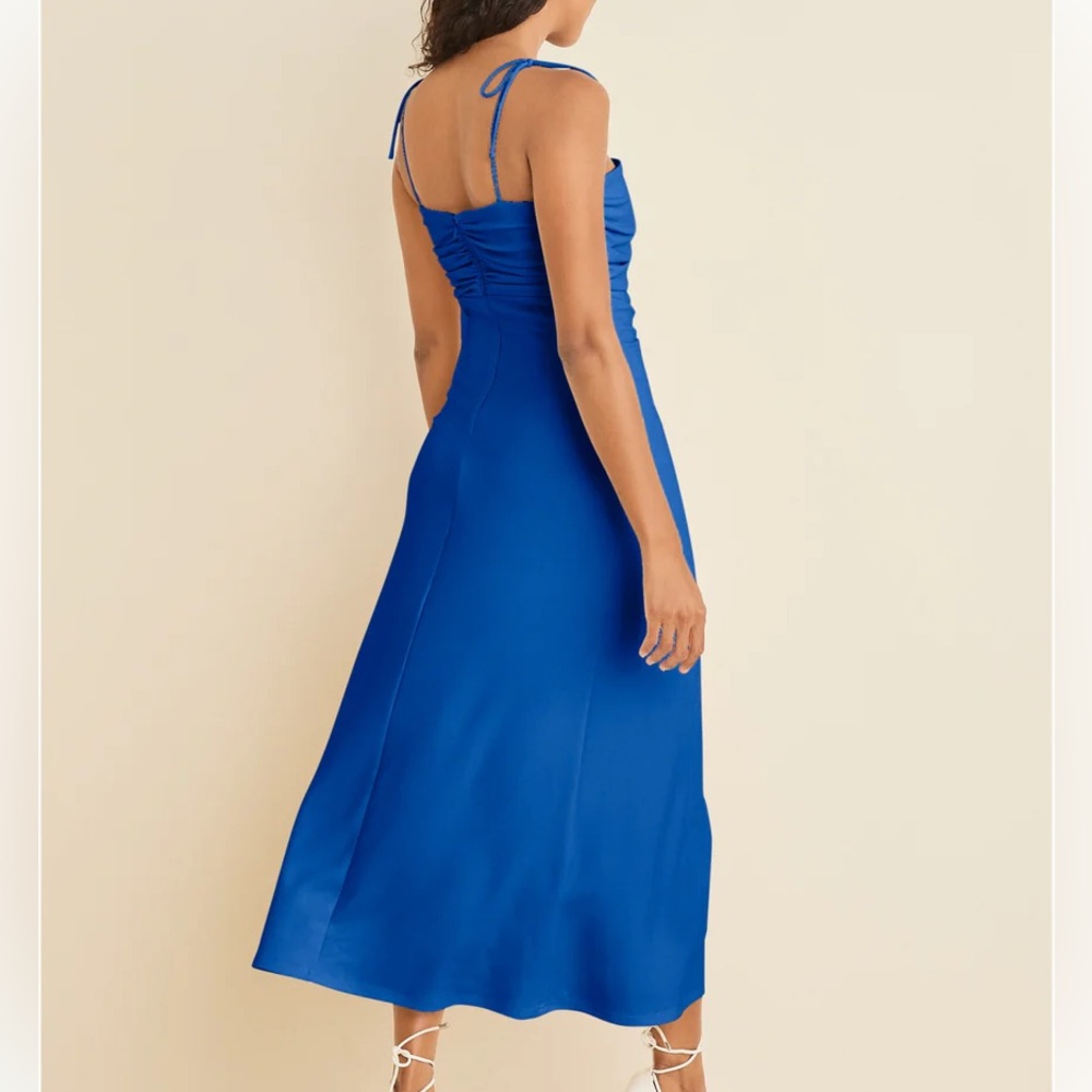 NWT Venus Blue Ruched Cutout Tie Strap Midi Dress Size Small - Picture 2 of 7